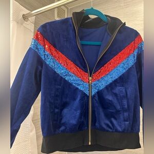 Vintage Blue Velour Jacket with Red and Blue Sequin Chevron Stripes